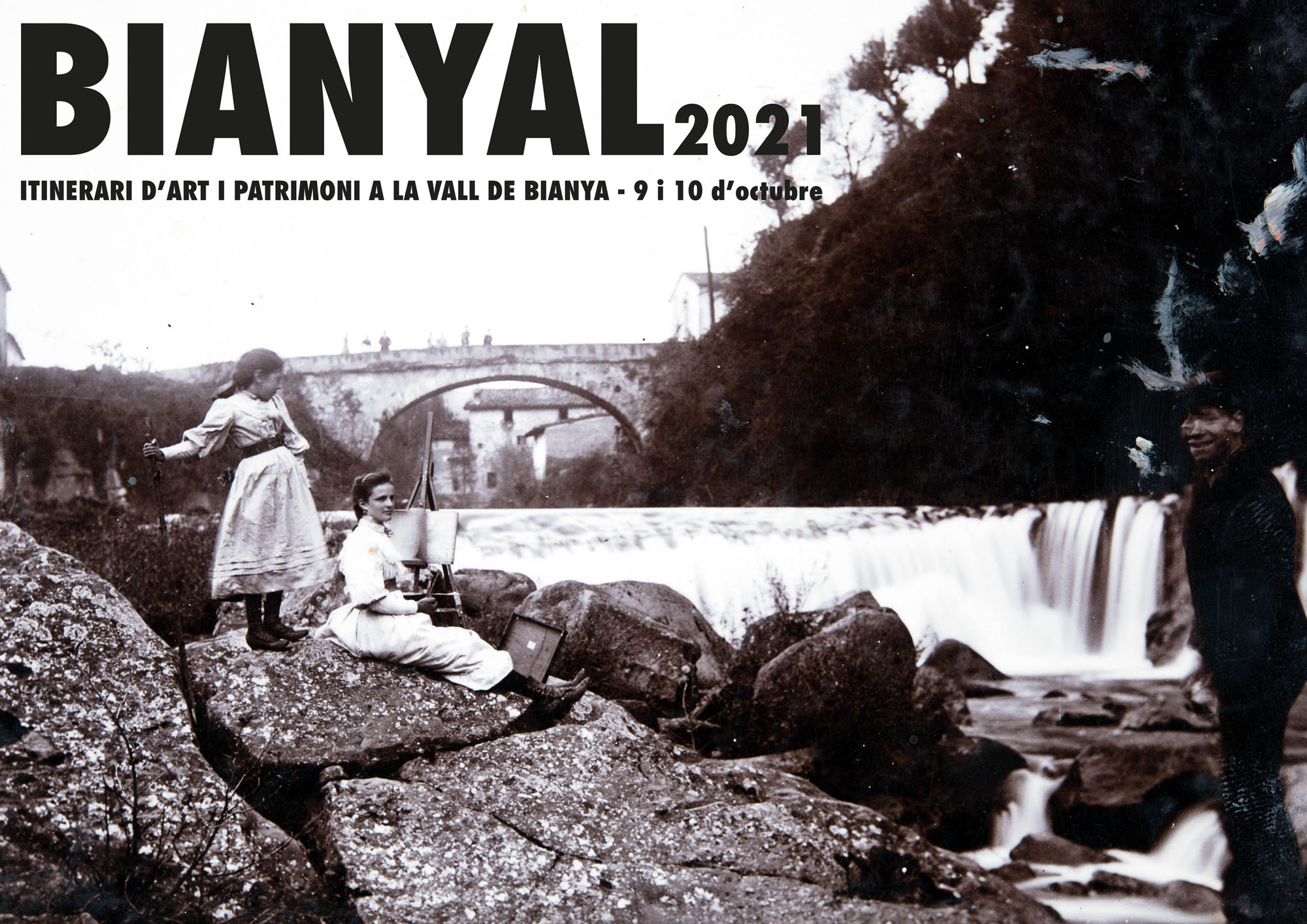 Cartell Bianyal 2021 [foto original: Vista parcial del riu Fluvià, al seu pas pel pont de can Porxes i can Creu, a la Canya, (entre 1889 i 1923). ACGAX. Servei d’Imatges. Fons Josep Berga i Boada. Autor desconegut]